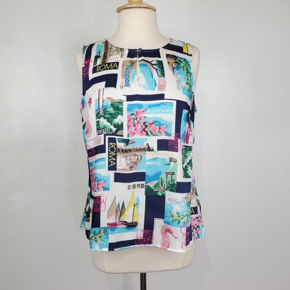 Talbots Petites Multi-Color Vacation Travel Seahorse Postcard Print Top Size LP - Picture 12 of 12